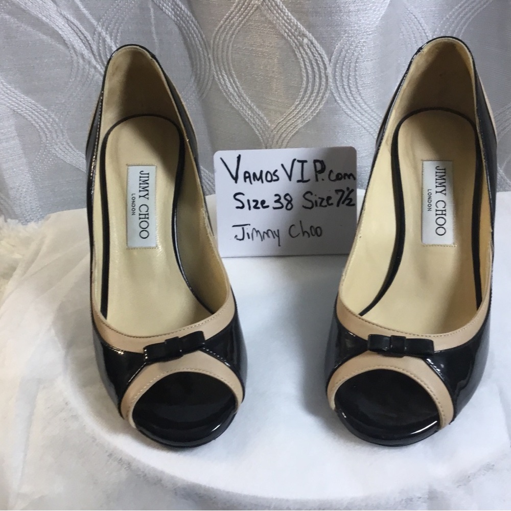 Jimmy Choo Black and Beige Patent Peep-Toe Pumps with Bow